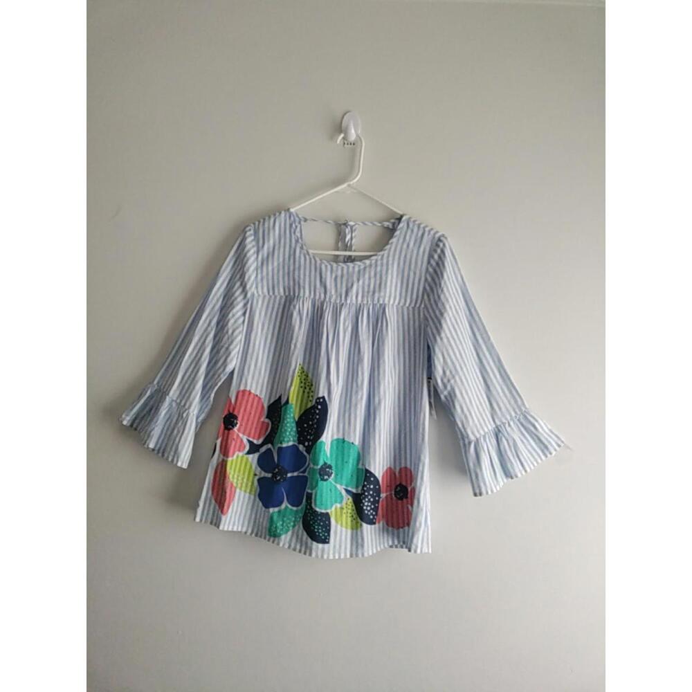 Crown & Ivy Peasant Boho Blouse Top Blue White Striped Floral Shirt Size Small